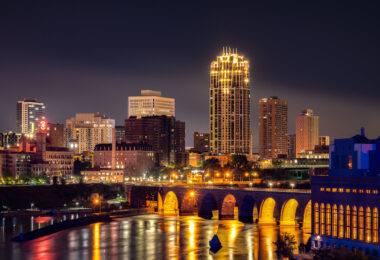 Smoke from North Minneapolis and the Stone Arch Bridge as seen from I-35W during the Minneapolis Uprising on the 4th day of protests in Minneapolis following the death of George Floyd.