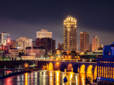 Stone Arch Bridge and Minneapolis Skyline at Night