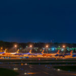 Sun Country planes on the runway at MSP Airport.