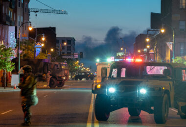 The Minnesota National Guard on Lake Street in Uptown Minneapolis on May 30, 2020 after nights of riots and burning buildings.