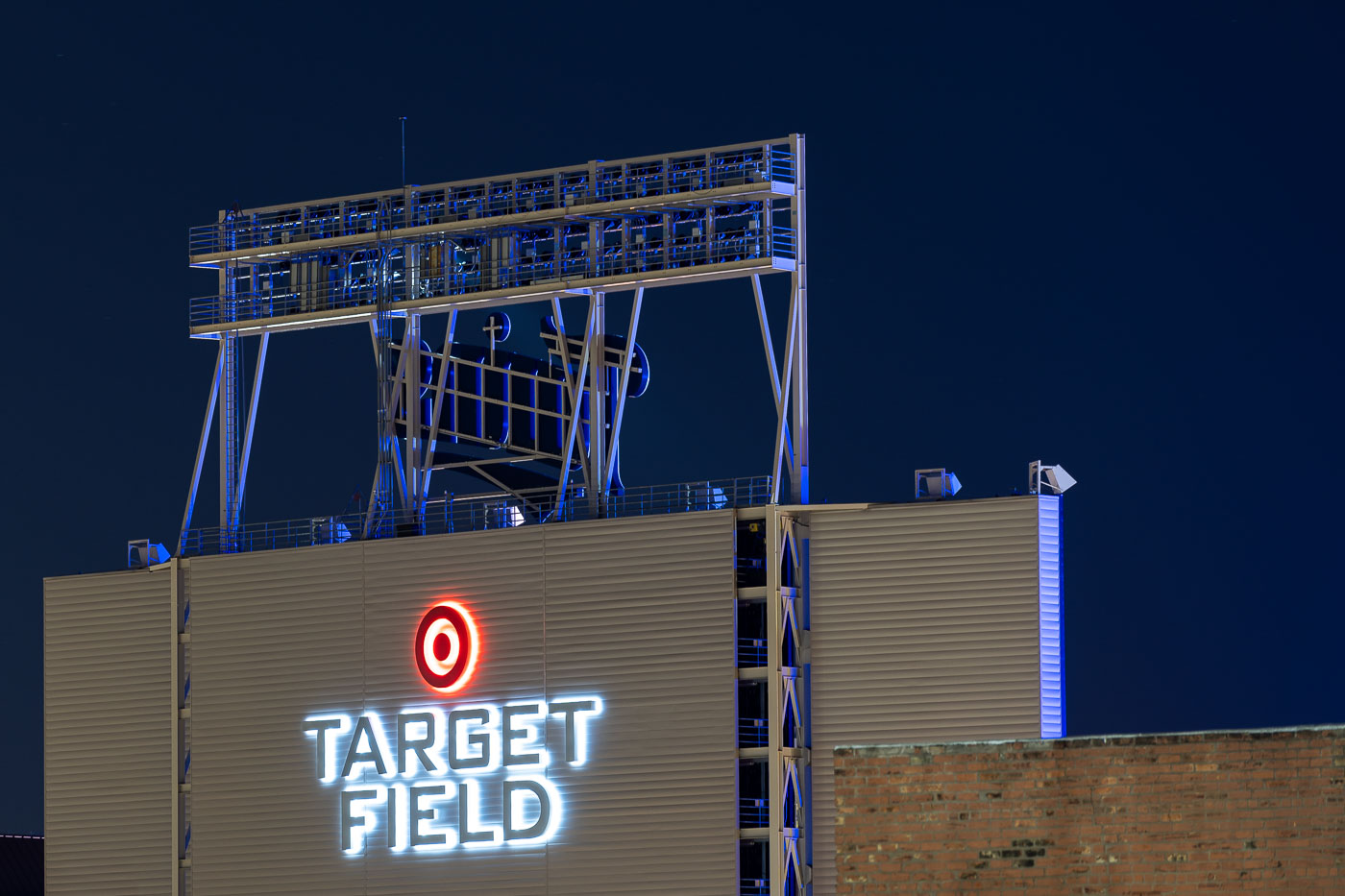 Target Field sign at night in the North Loop