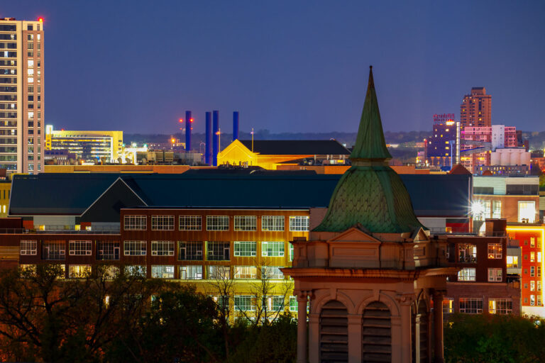 The Pillsbury Flour Mills seen from Prospect Park 1 The view from the Prospect Park Water Tower in Minneapolis.