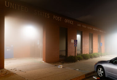 The USPS post office on fire during the 4th day of protests in Minneapolis following the death of George Floyd. The post office was a total loss and was rebuilt.