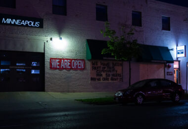 Boards on a collision center on Nicollet Avenue in South Minneapolis on May 30, 2020, the 4th day of protests in Minneapolis following the death of George Floyd