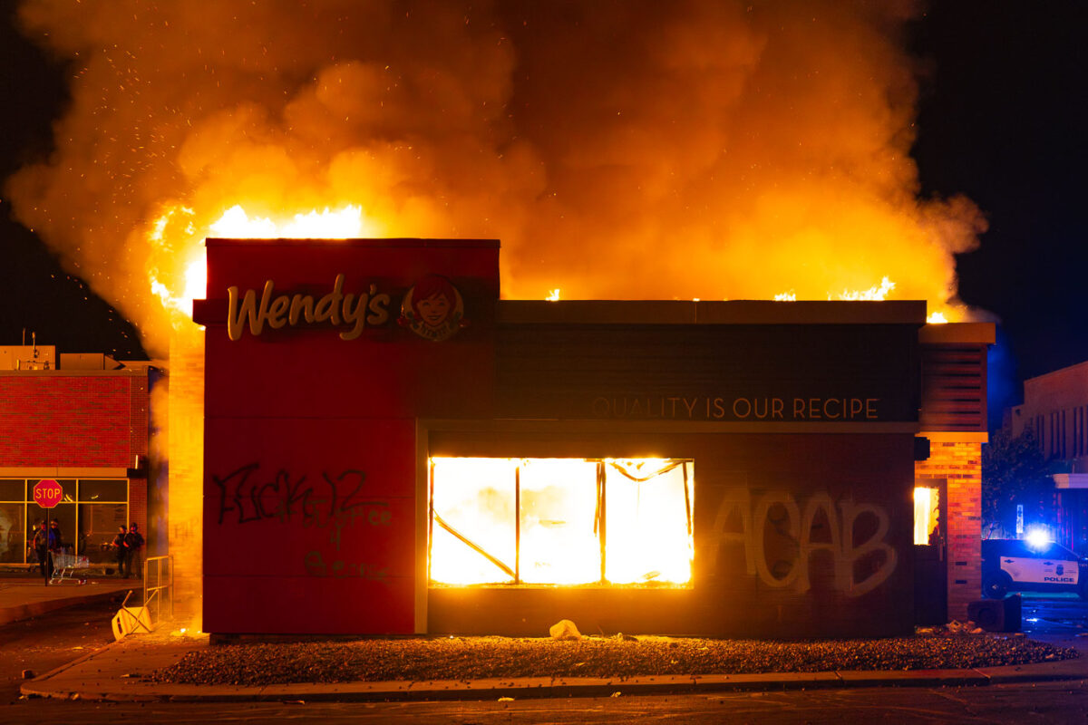 Wendy’s on fire on 26th Ave S during the 2nd day of protests in Minneapolis following the death of George Floyd.