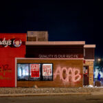 Wendy's across from the Minneapolis police third precinct on the second day of protests following the murder of George Floyd.