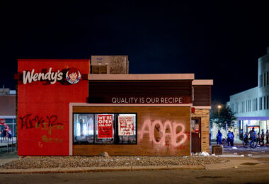 Wendy's across from the Minneapolis police third precinct on the second day of protests following the murder of George Floyd.