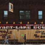 Bryant-Lake Bowl on Lake Street with boards after days of protests following the May 25th, 2020 death of George Floyd.
