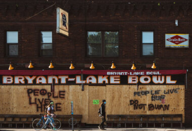 Bryant-Lake Bowl on Lake Street with boards after days of protests following the May 25th, 2020 death of George Floyd.