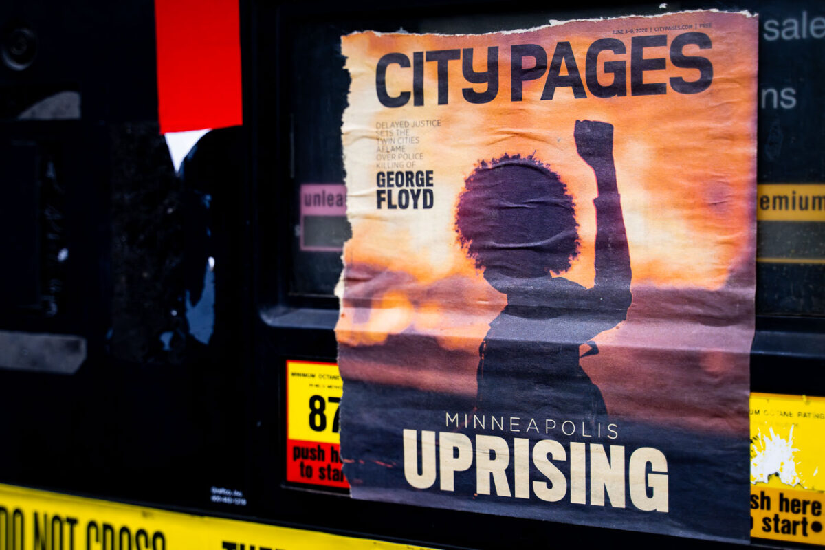 A City Pages paper taped to a gas pump outside the George Floyd memorial in South Minneapolis.