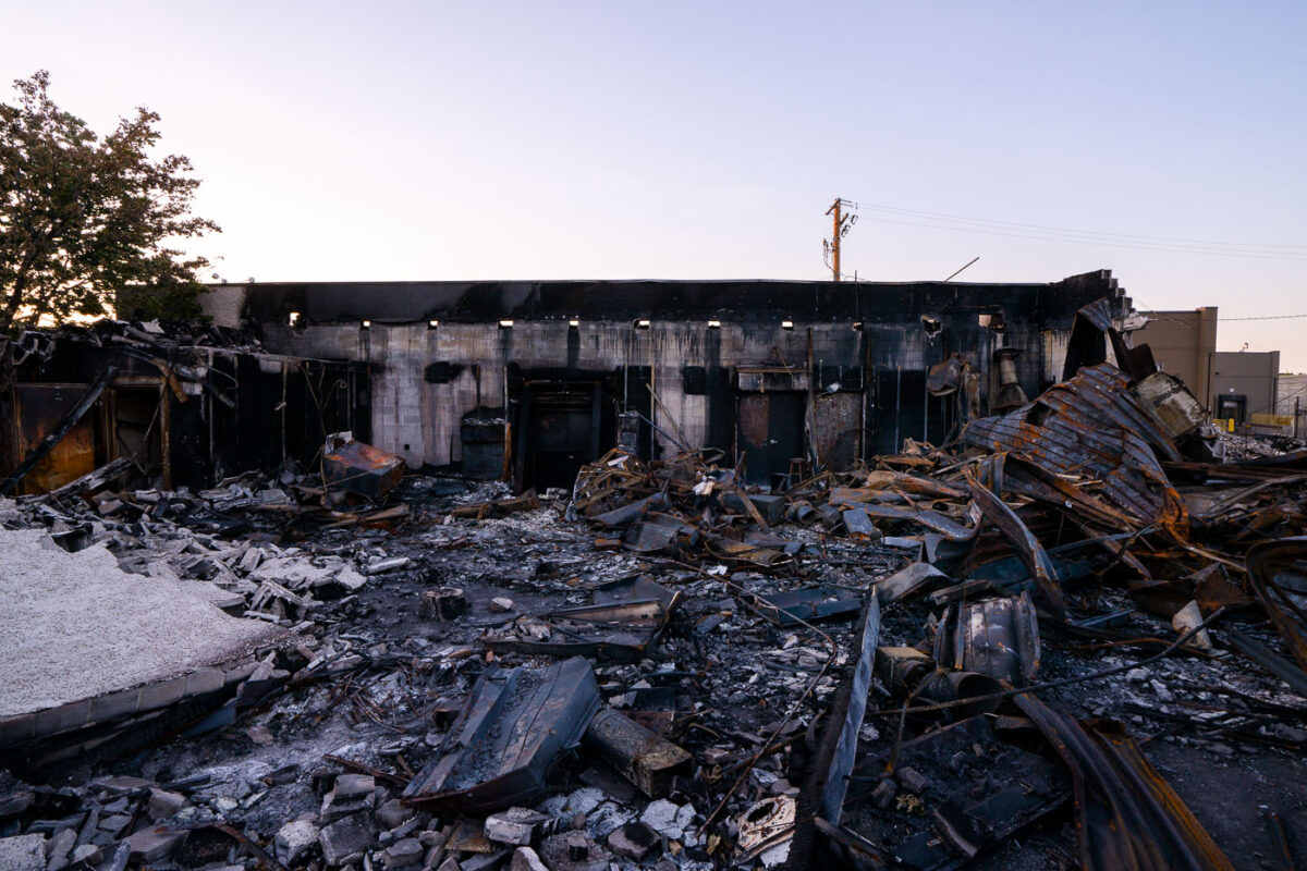 The left behind rubble of Atlas Staffing. The employment companies building was burned the previous month during riots over the death of George Floyd.