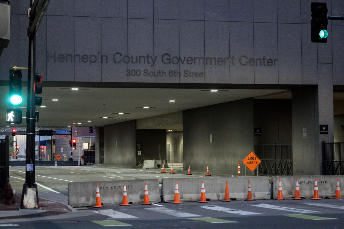 Hennepin County Government Center in downtown Minneapolis. Barricades in place just prior to a curfew that was put in place over unrest over the killing of George Floyd on May 25th while in custody of the Minneapolis Police.
