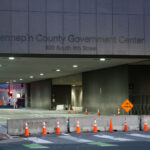 Hennepin County Government Center in downtown Minneapolis. Barricades in place just prior to a curfew that was put in place over unrest over the killing of George Floyd on May 25th while in custody of the Minneapolis Police.