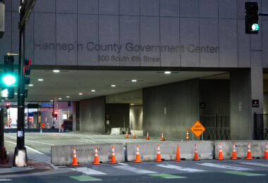 Hennepin County Government Center in downtown Minneapolis. Barricades in place just prior to a curfew that was put in place over unrest over the killing of George Floyd on May 25th while in custody of the Minneapolis Police.