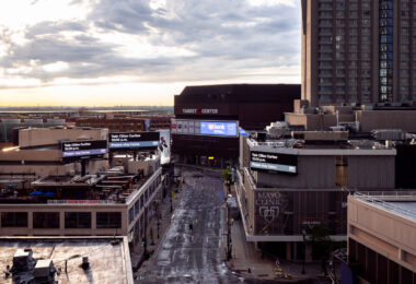 Twin Cities Curfew billboards in downtown Minneapolis after unrest following the May 25th, 2020 death of George Floyd.