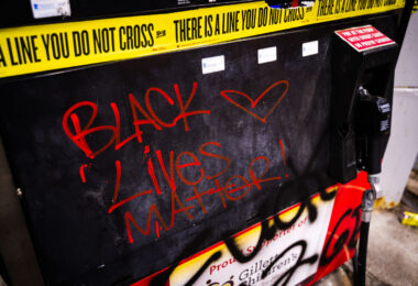 Black Lives Matter written on the gas pump at the Speedway gas station across from where George Floyd was killed in Minneapolis Police custody on May 25th, 2020.