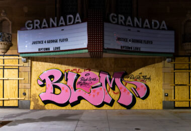 Justice 4 George Floyd at the Granada Theatre in Uptown Minneapolis. The marquee reads “Justice 4 George Floyd” “Uptown Love”