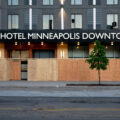 The AC Hotel in Downtown Minneapolis hours before a 10pm curfew goes into effect. The curfew was put into place after unrest following the May 25th, 2020 death of George Floyd.