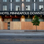 The AC Hotel in Downtown Minneapolis hours before a 10pm curfew goes into effect. The curfew was put into place after unrest following the May 25th, 2020 death of George Floyd.