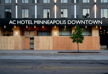 The AC Hotel in Downtown Minneapolis hours before a 10pm curfew goes into effect. The curfew was put into place after unrest following the May 25th, 2020 death of George Floyd.