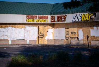Boards on a strip mall in South Minneapolis during unrest in Minneapolis following the May 25th, 2020 death of George Floyd.

Boards reading “Say His Name” “POC Owned” “BIPOC Owned”