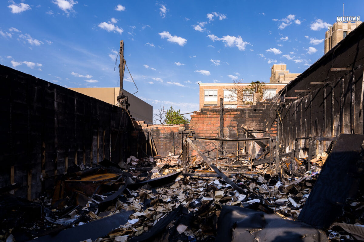 The remains of Uncle Hugo’s book store on Chicago Avenue. The store was burned during unrest in Minneapolis following the May 25th, 2020 death of George Floyd.