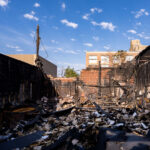 The remains of Uncle Hugo’s book store on Chicago Avenue. The store was burned during unrest in Minneapolis following the May 25th, 2020 death of George Floyd.