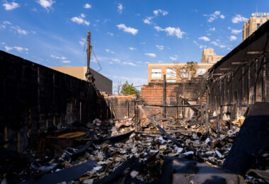 The remains of Uncle Hugo’s book store on Chicago Avenue. The store was burned during unrest in Minneapolis following the May 25th, 2020 death of George Floyd.