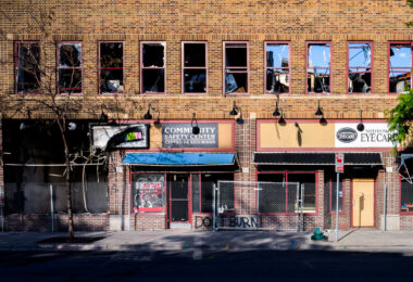 Fire damaged building on Chicago Ave. The building was destroyed during unrest in Minneapolis following the May 25th, 2020 death of George Floyd.