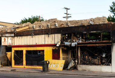 Fire damaged retail space in North Minneapolis after days of unrest following the May 25th, 2020 death of George Floyd.