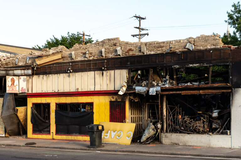 Burned buildings in North Minneapolis 4 Fire damaged retail space in North Minneapolis after days of unrest following the May 25th, 2020 death of George Floyd.