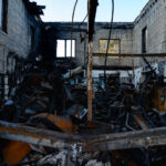 A burned building about a block away from the Minneapolis Police Third Precinct. The building was burned during unrest over the May 25th murder of George Floyd.