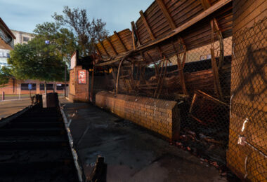 The remains of a SuperAmerica gas station on Lake Street. The building was burned after unrest in Minneapolis following the May 25th, 2020 death of George Floyd.