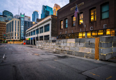 Concrete blocks and razor wire placed around the Minneapolis police 1st precinct police station in Downtown Minneapolis. The precinct was secured after the 3rd precinct police station was burned about 10 days prior after the death of George Floyd.