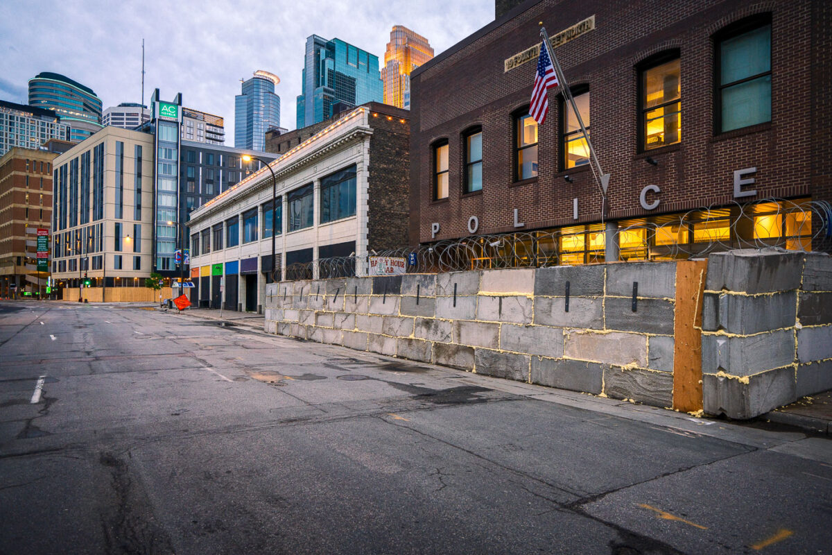 Concrete blocks and razor wire placed around the Minneapolis police 1st precinct police station in Downtown Minneapolis. The precinct was secured after the 3rd precinct police station was burned about 10 days prior after the death of George Floyd.