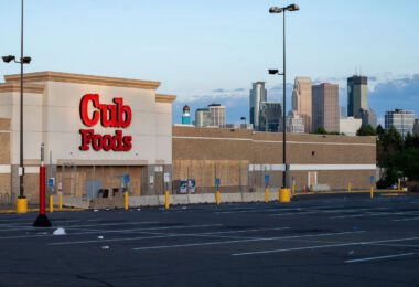 Cub Foods in North Minneapolis with boards on it in 06/04/20.