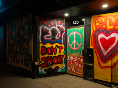 BLM graffiti on boarded businesses, Lake Street, Minneapolis