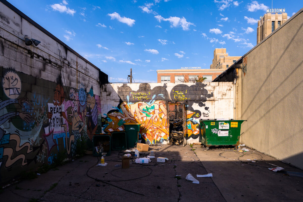 The back of what was the Uncle Hugo's bookstore on Chicago Avenue. The book store was destroyed during unrest in Minneapolis following the May 25th, 2020 death of George Floyd.