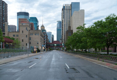 Empty streets in downtown Minneapolis after unrest following the May 25th, 2020 death of George Floyd.