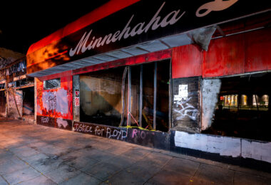 The outside of Minnehaha Liquors on E. Lake Street after fires following unrest in Minneapolis following the May 25th, 2020 death of George Floyd.