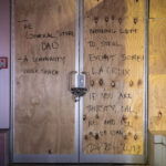 Writing on boards on Hennepin Avenue in Minneapolis following unrest over the Minneapolis Police killing of George Floyd.“Nothing left to steal except some La Croix. If you are thirsty call me and I’ll get one”.
