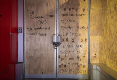 Writing on boards on Hennepin Avenue in Minneapolis following unrest over the Minneapolis Police killing of George Floyd.

“Nothing left to steal except some La Croix. If you are thirsty call me and I’ll get one”.