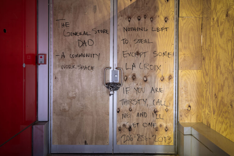 The General Store Dad 4 Writing on boards on Hennepin Avenue in Minneapolis following unrest over the Minneapolis Police killing of George Floyd.“Nothing left to steal except some La Croix. If you are thirsty call me and I’ll get one”.