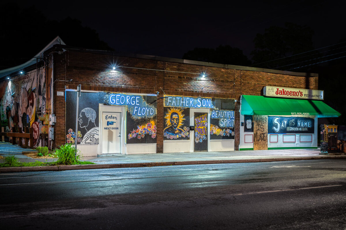 Painted George Floyd murals on Jakeeno’s Pizza on Chicago Avenue located blocks away from where George Floyd was killed on May 25th, 2020.