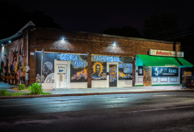 Painted George Floyd murals on Jakeeno’s Pizza on Chicago Avenue located blocks away from where George Floyd was killed on May 25th, 2020.