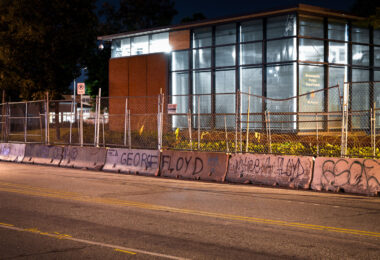 Minneapolis Police Department's Fifth Precinct located in South Minneapolis. Behind razor wire and concrete barricades.