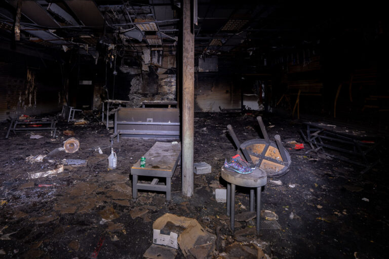 Foot Locker after the fire 3 Inside of what’s left of the Foot Locker on Lake Street in Minneapolis. The building was destroyed after unrest in Minneapolis following the May 25th, 2020 death of George Floyd.