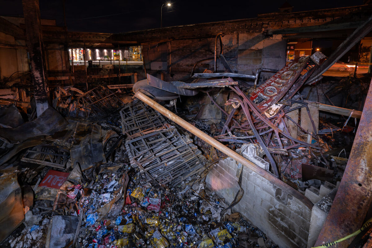 What’s left of the burned Minnehaha Liquors building on East Lake Street. The building, which sits across the street from the Minneapolis Police Third Precinct, was burned during civil unrest over the death of George Floyd.