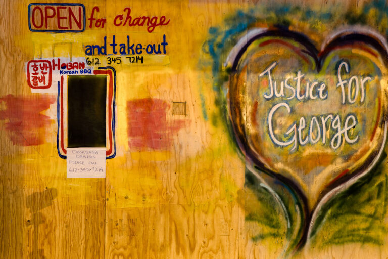 Hoban Korean BBQ Justice for George boards 2 Hoban Korean BBQ located at 2939 Hennepin Ave S in Minneapolis. The restaurant was boarded up in 2020 during unrest in Minneapolis following the May 25th, 2020 death of George Floyd.