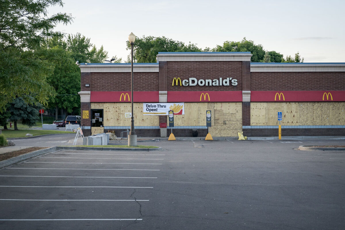 McDonald’s store boarded up in North Minneapolis after fires from riots following the May 25th, 2020 death of George Floyd.